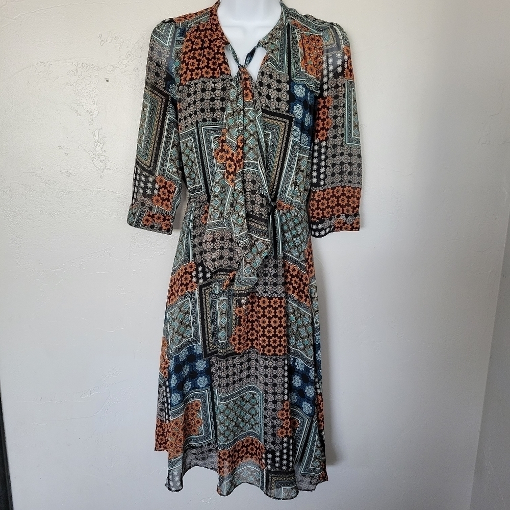 Kut from the Kloth 2 Patchwork Midi Dress Quarter Sleeve Black Orange Blue